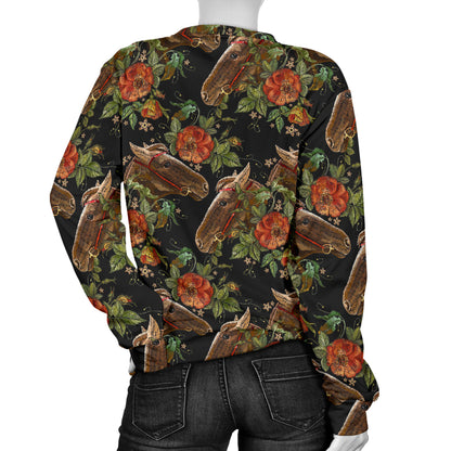 Horse Embroidery with Flower Design Women Long Sleeve Sweatshirt