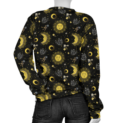 Sun Moon Golden Design Themed Print Women Long Sleeve Sweatshirt