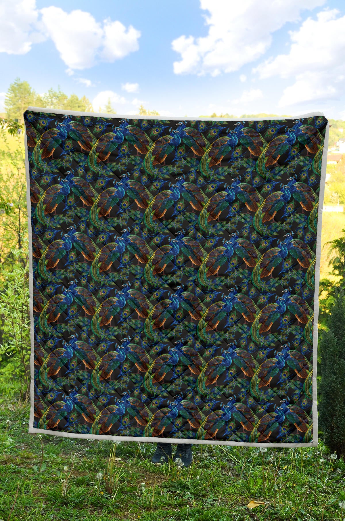 Peacock Themed Design Print Quilt Bedspread