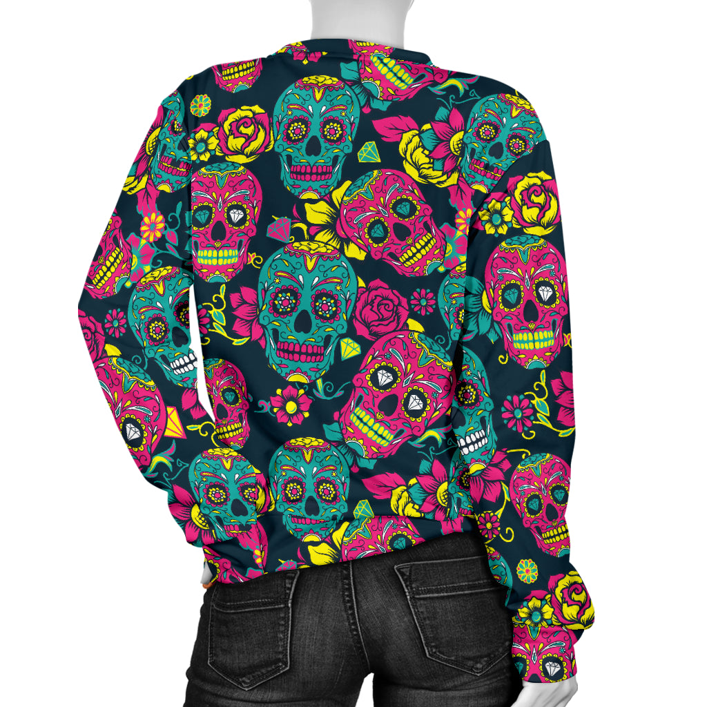 Sugar Skull Floral Design Themed Print Women Long Sleeve Sweatshirt