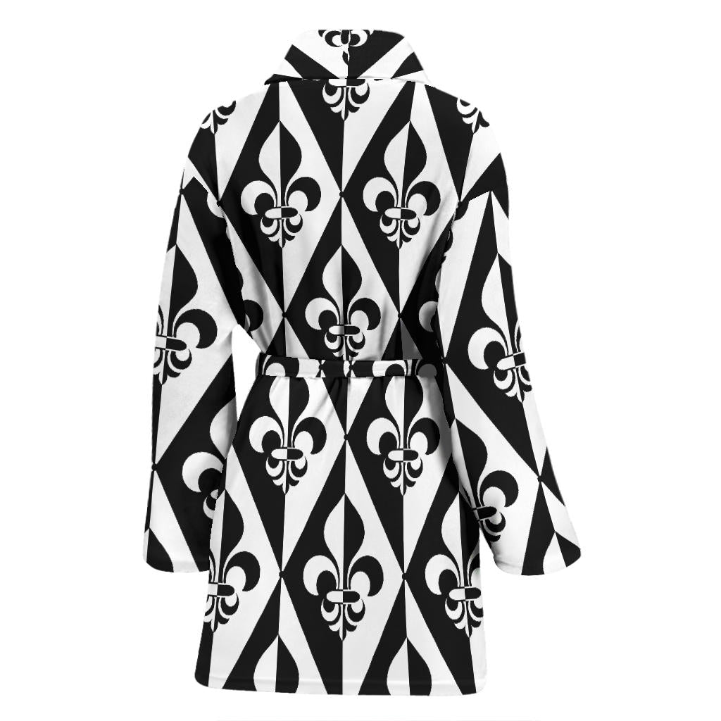 Fleur De Lis Black White Pattern Print Design 02 Women Bathrobe