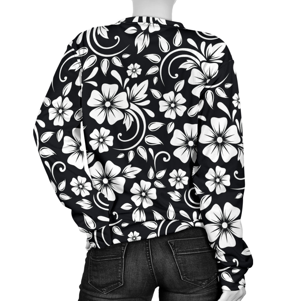 Floral Black White Themed Print Women Long Sleeve Sweatshirt