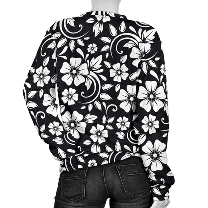Floral Black White Themed Print Women Long Sleeve Sweatshirt