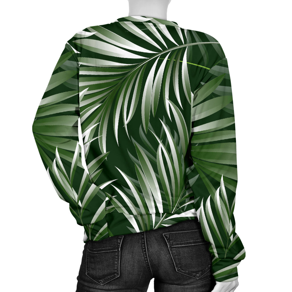 White Green Tropical Palm Leaves Women Long Sleeve Sweatshirt