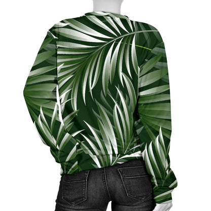 White Green Tropical Palm Leaves Women Long Sleeve Sweatshirt