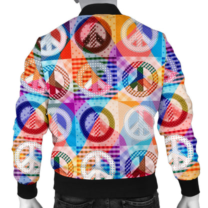 Peace Sign Patchwork Design Print Men Bomber Jacket