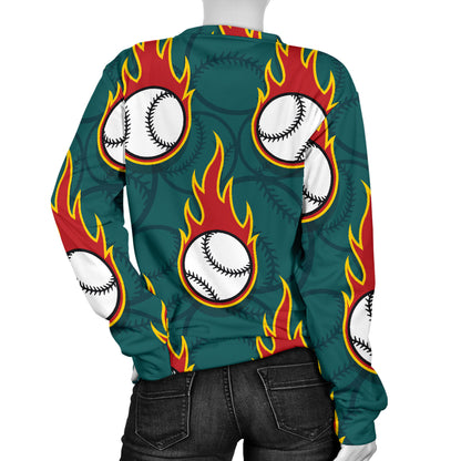 Baseball Fire Print Pattern Women Long Sleeve Sweatshirt