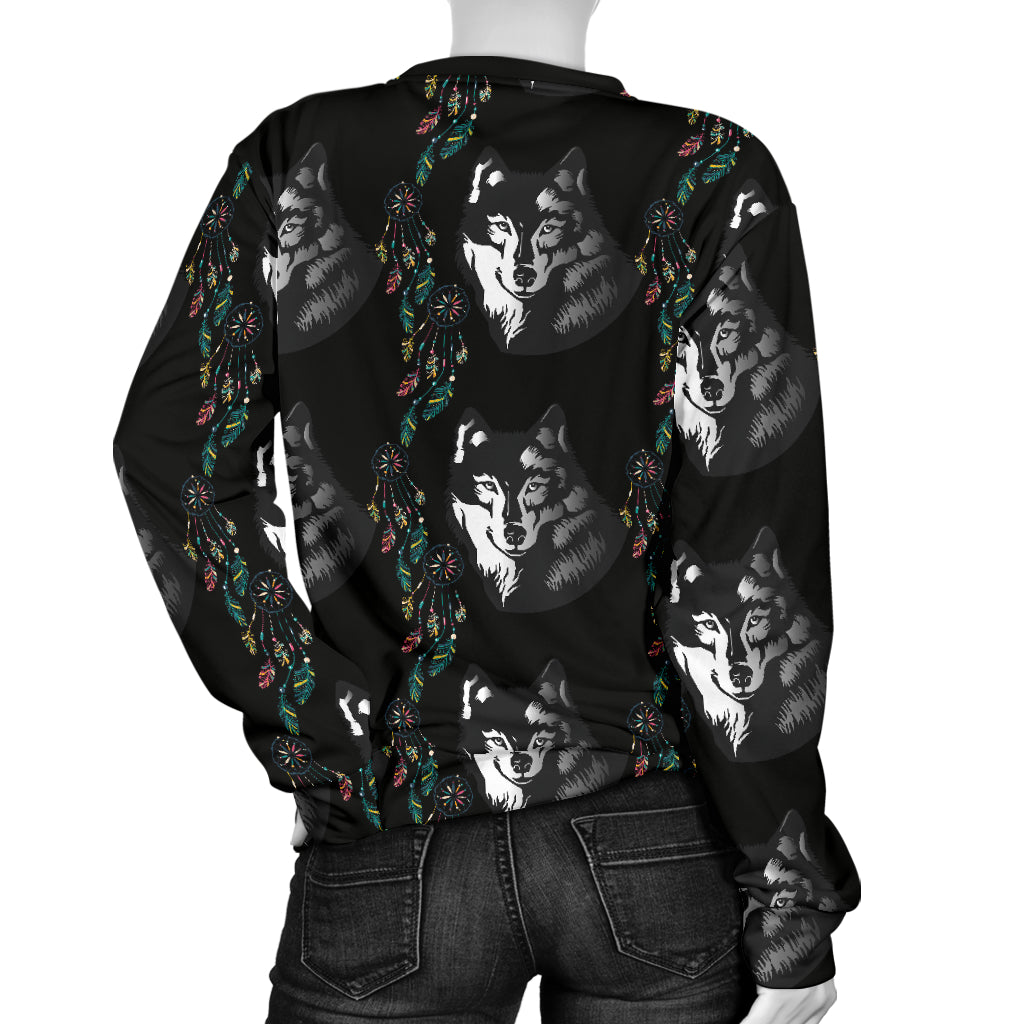 Wolf Black Dream Catcher Design Print Women Long Sleeve Sweatshirt