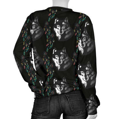 Wolf Black Dream Catcher Design Print Women Long Sleeve Sweatshirt