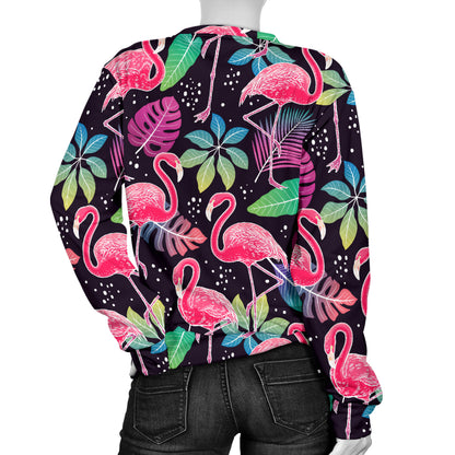 Flamingo Tropical leaves Neon Print Women Long Sleeve Sweatshirt