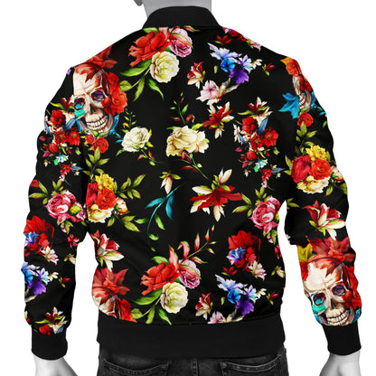 Skull Roses Flower Design Themed Print Men Bomber Jacket