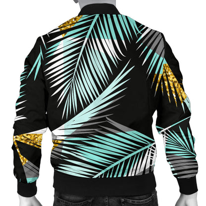 Gold Glitter Cyan Tropical Palm Leaves Men Bomber Jacket