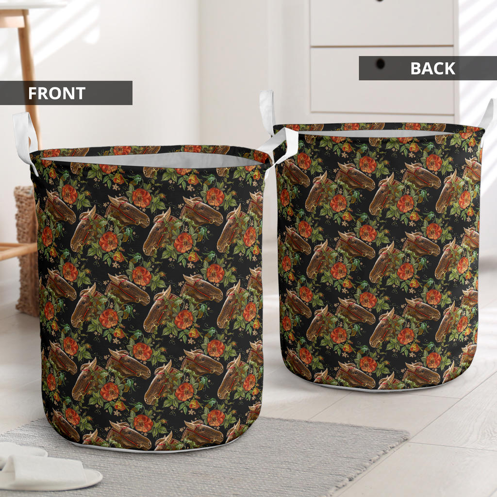 Horse Embroidery with Flower Design Laundry Basket