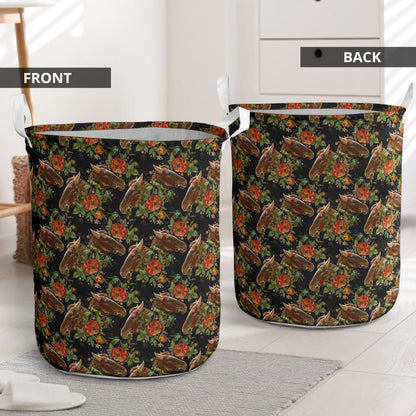 Horse Embroidery with Flower Design Laundry Basket