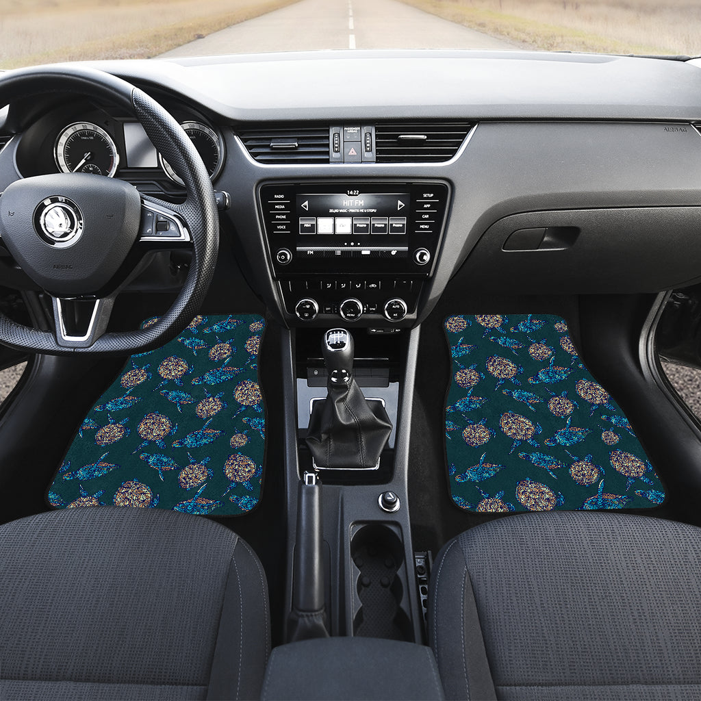 Sea Turtle Hand Drawn Blue Print Car Floor Mats Front Back