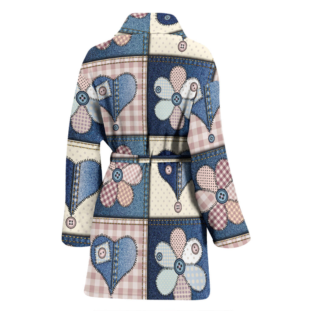 Patchwork Heart Flower Pattern Print Design 01 Women Bathrobe