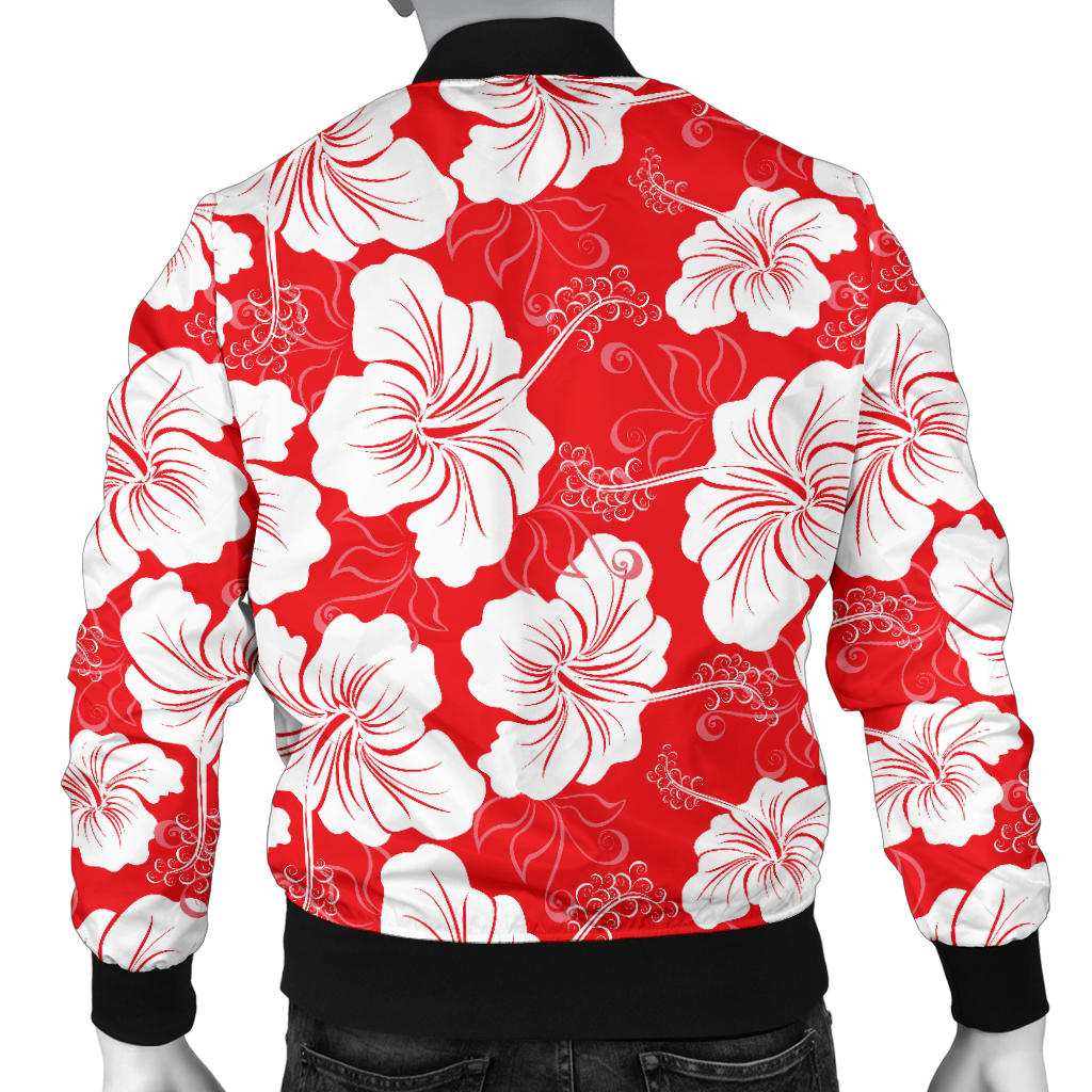 Flower Hawaiian Hibiscus Red Background Print Men Bomber Jacket