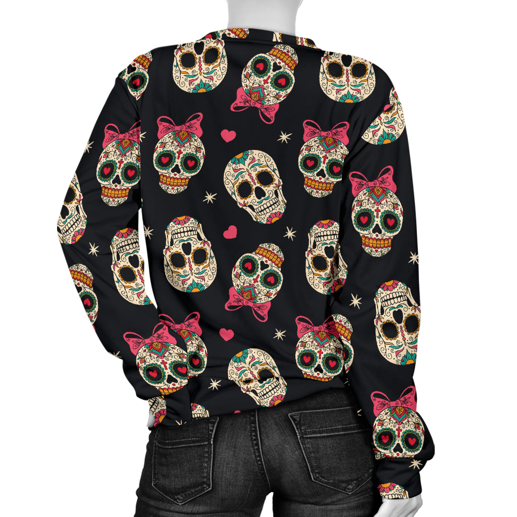 Sugar Skull Pink Bow Themed Print Women Long Sleeve Sweatshirt