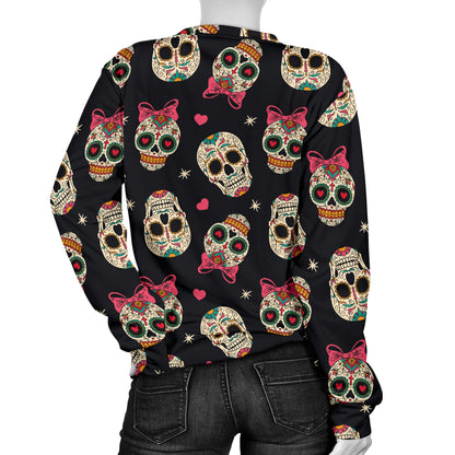 Sugar Skull Pink Bow Themed Print Women Long Sleeve Sweatshirt