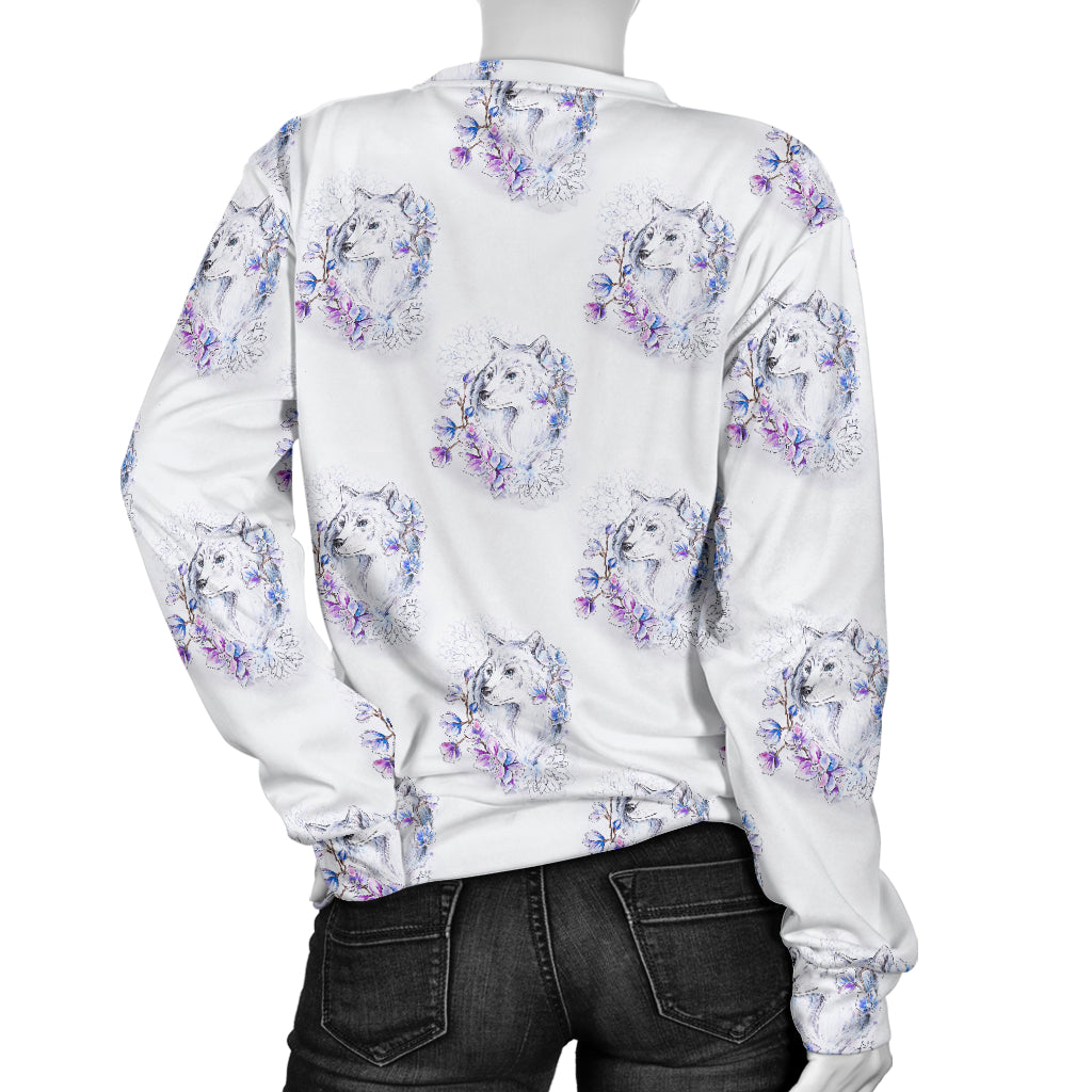 Wolf with Flower Print Design Women Long Sleeve Sweatshirt