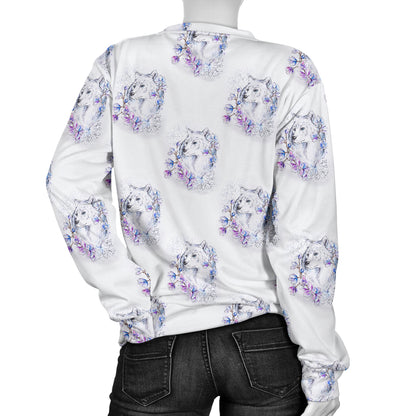 Wolf with Flower Print Design Women Long Sleeve Sweatshirt