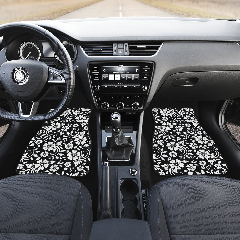 Floral Black White Themed Print Car Floor Mats Front Back