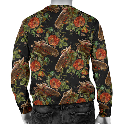 Horse Embroidery with Flower Design Men Long Sleeve Sweatshirt