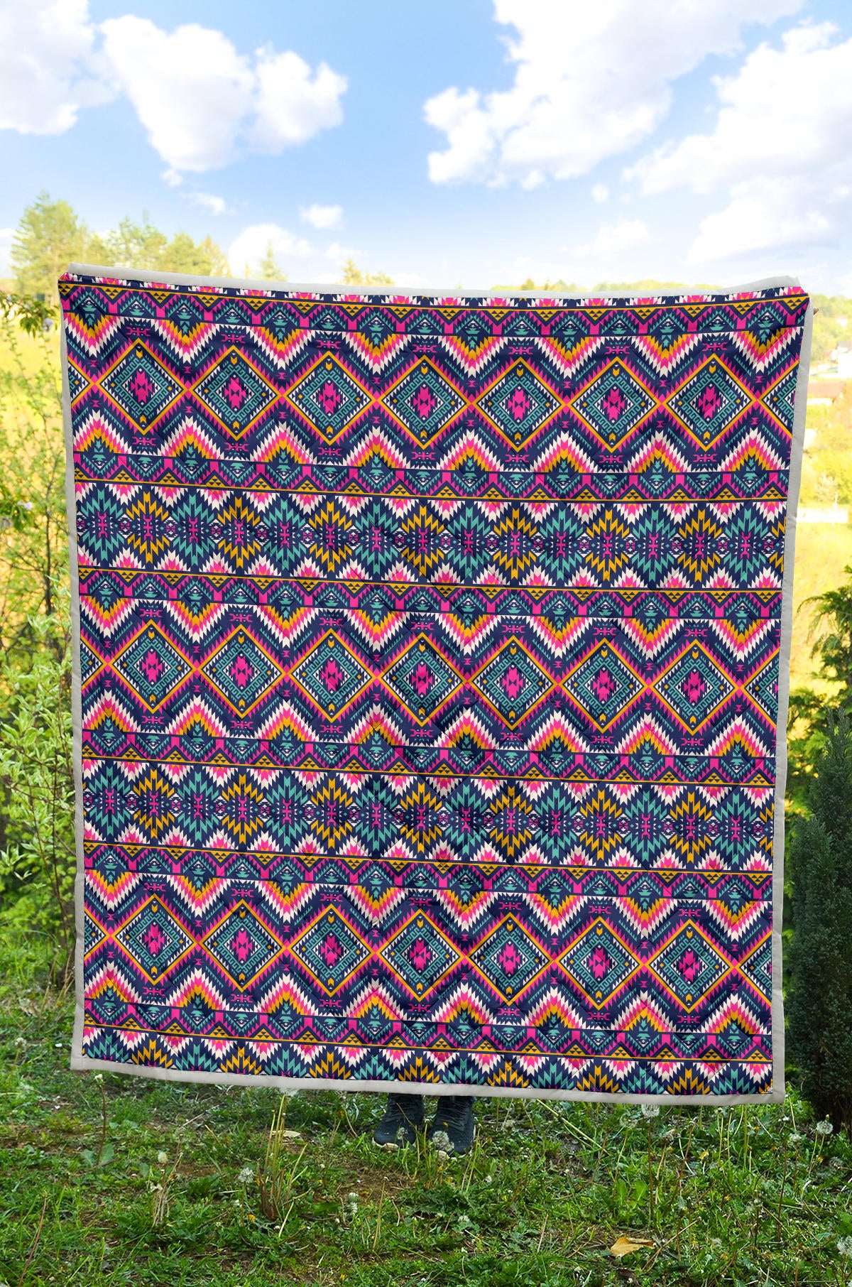 Indian Navajo Pink Themed Design Print Quilt Bedspread