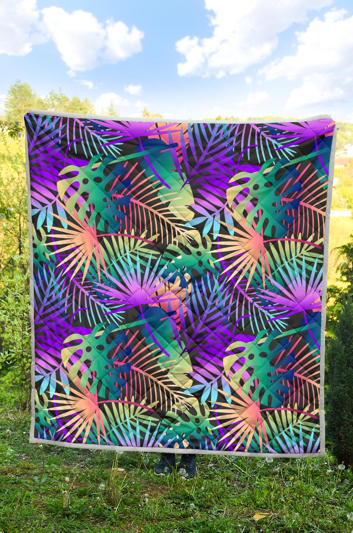 Neon Flower Tropical Palm Leaves Quilt Bedspread
