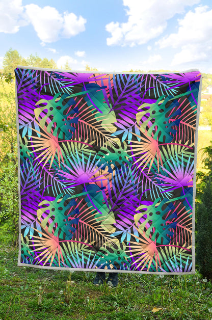Neon Flower Tropical Palm Leaves Quilt Bedspread