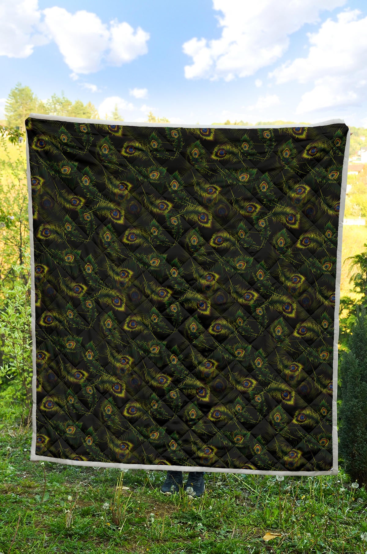 Peacock Feather Pattern Design Print Quilt Bedspread