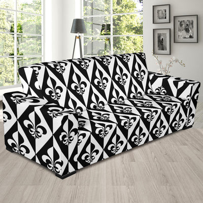 Fleur De Lis Black White Pattern Print Design 02 Sofa Slipcover