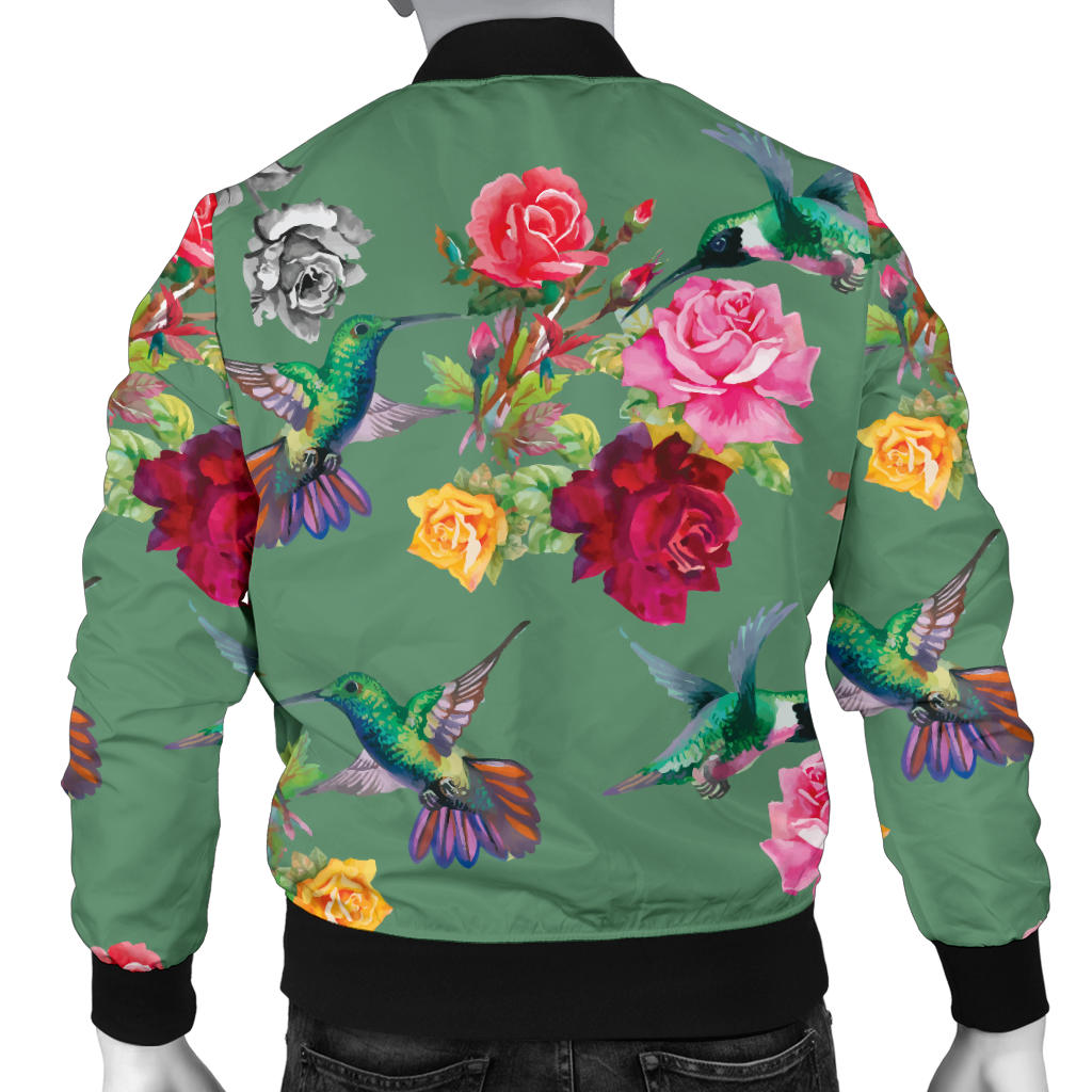 Hummingbird with Rose Themed Print Men Bomber Jacket