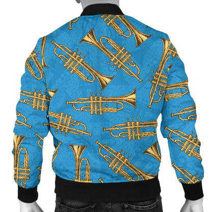 Trumpet Golden Pattern Themed Print Men Bomber Jacket