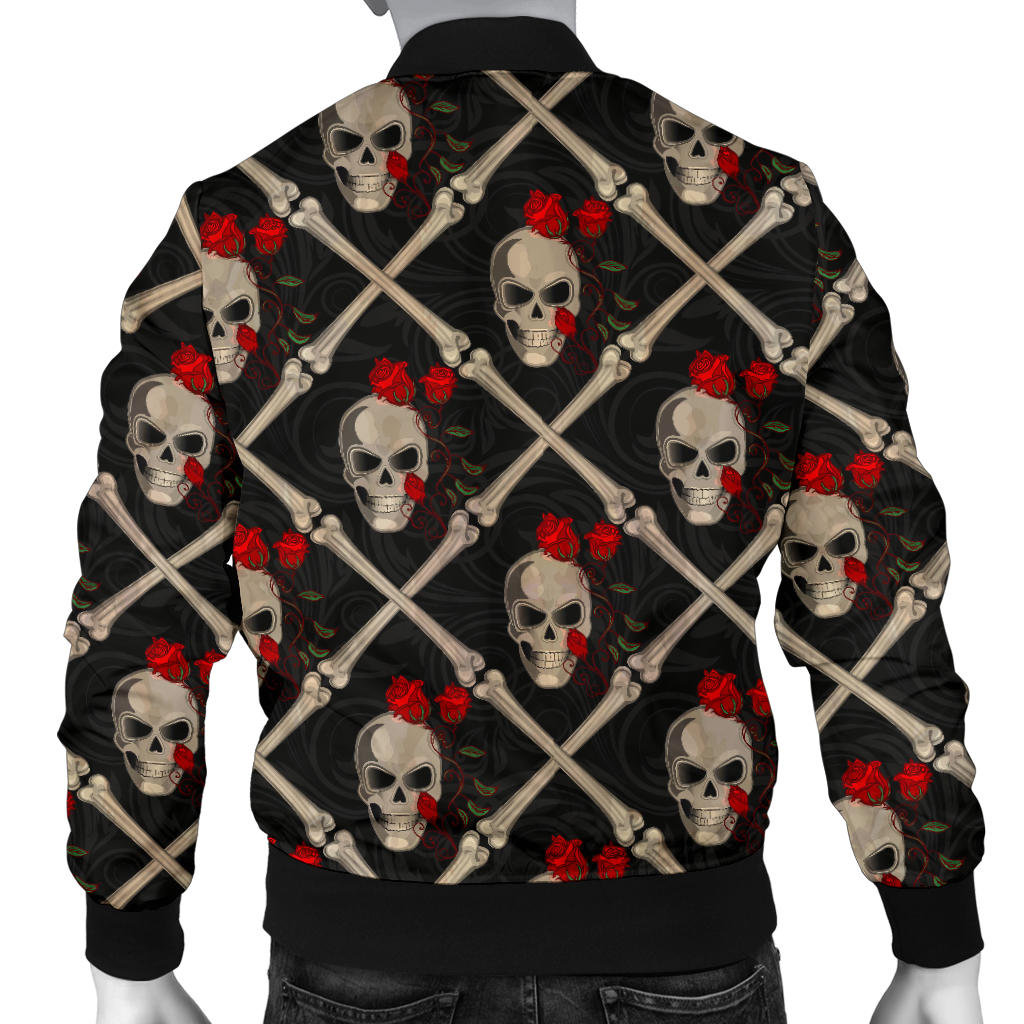 Skull Roses Bone Design Themed Print Men Bomber Jacket