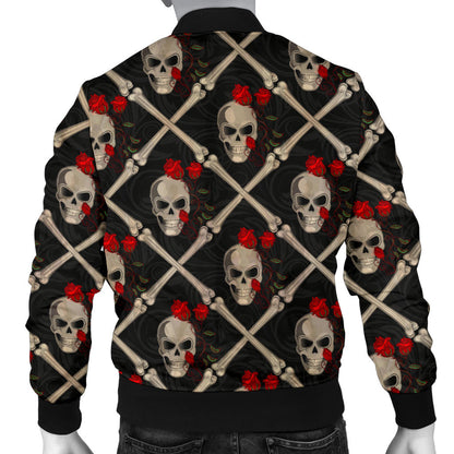 Skull Roses Bone Design Themed Print Men Bomber Jacket