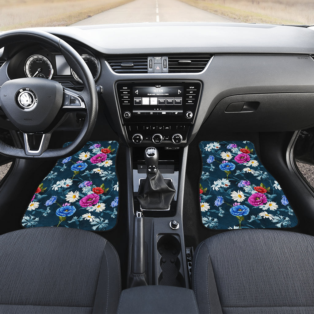Floral Blue Themed Print Car Floor Mats Front Back