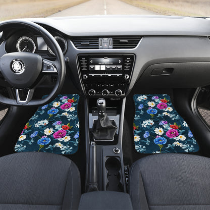 Floral Blue Themed Print Car Floor Mats Front Back