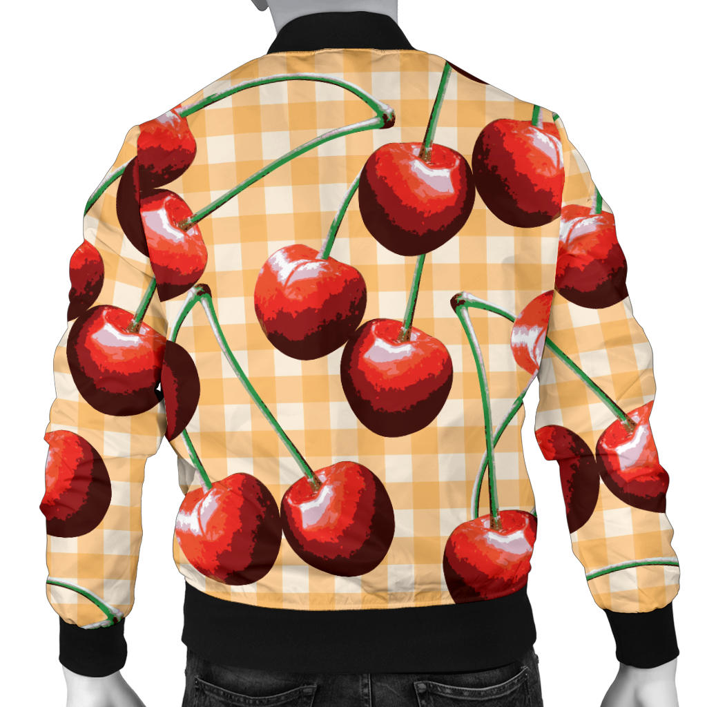 Cherry Orange Plaid Print Men Bomber Jacket