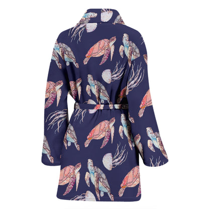 Sea Turtle With Jelly Fish Print Design LKS301 Women Bathrobe