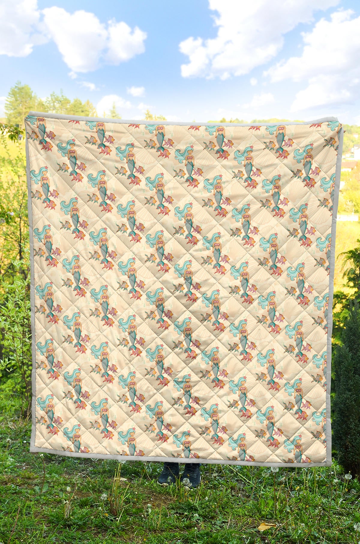 Mermaid Girl With Fish Design Print Quilt Bedspread