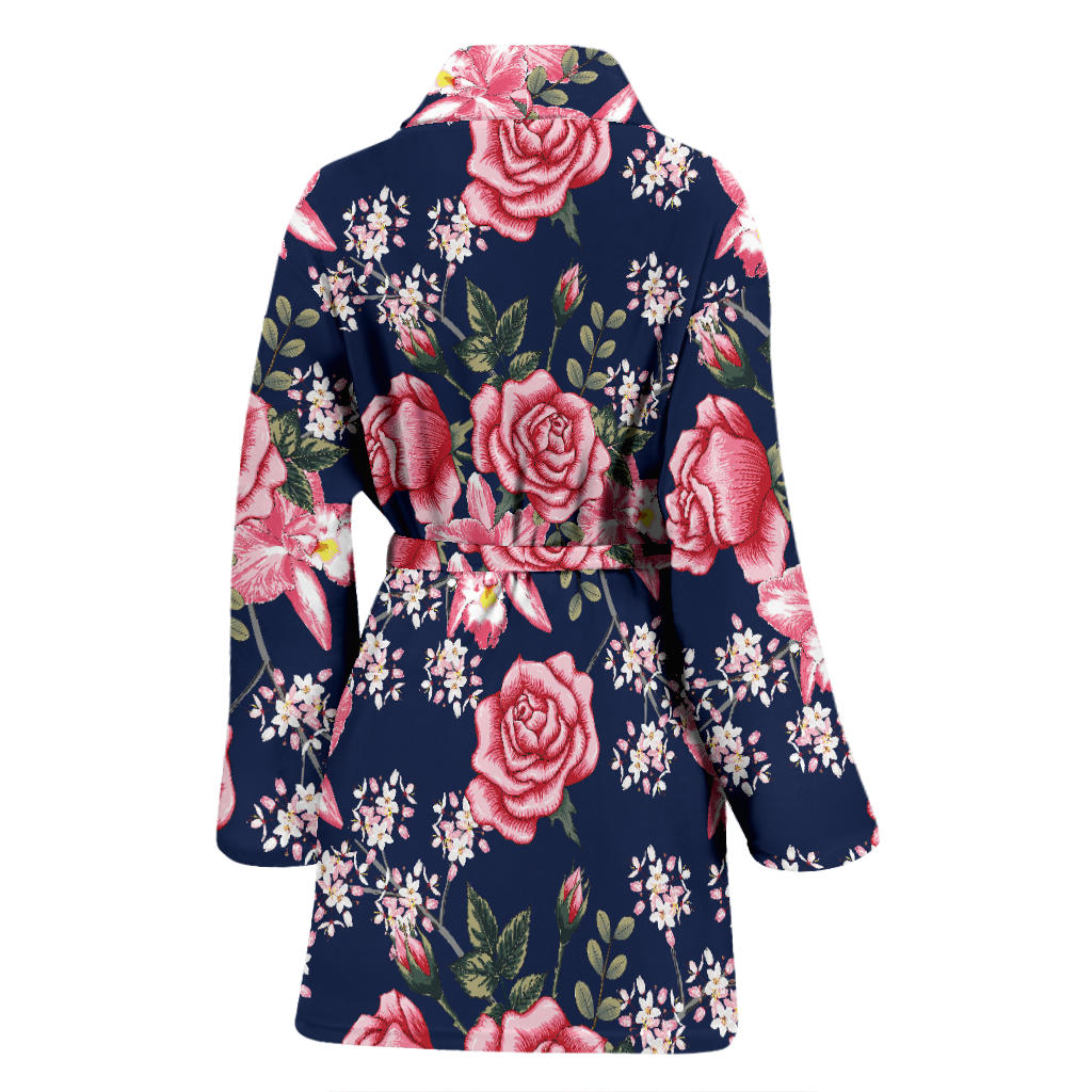 Rose Pattern Print Design A05 Women Bathrobe