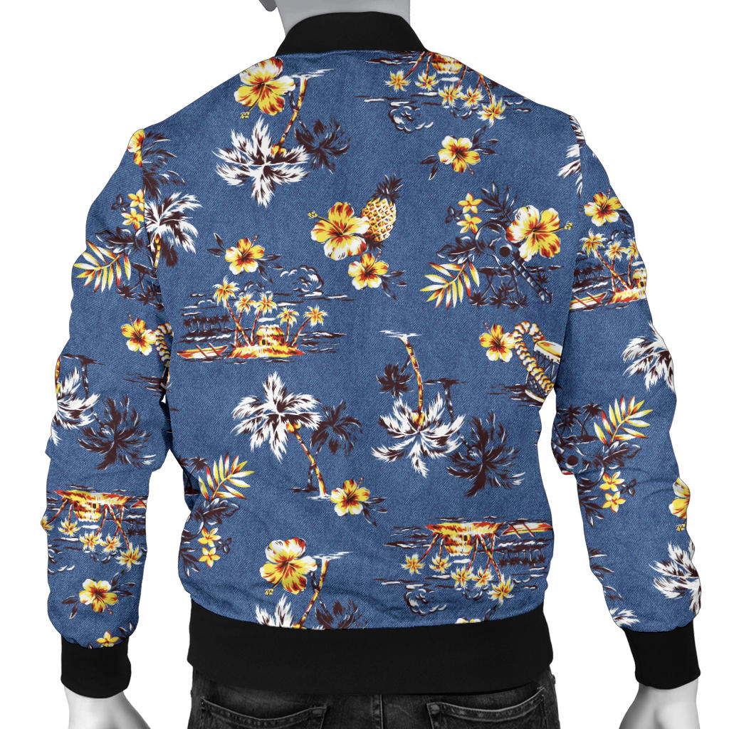 Hawaiian Flower Blue Print Men Bomber Jacket