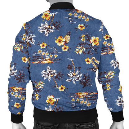 Hawaiian Flower Blue Print Men Bomber Jacket