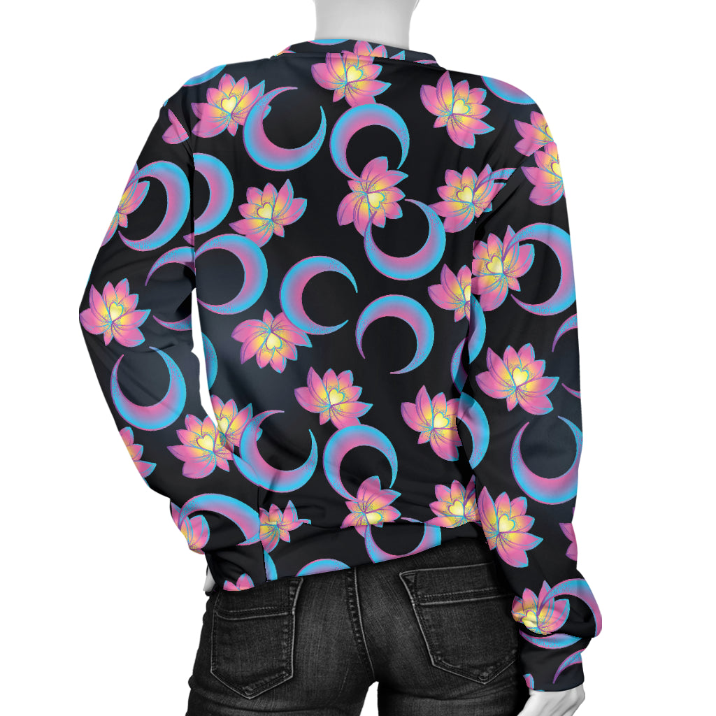 Lotus with Moon Pink Print Themed Women Long Sleeve Sweatshirt