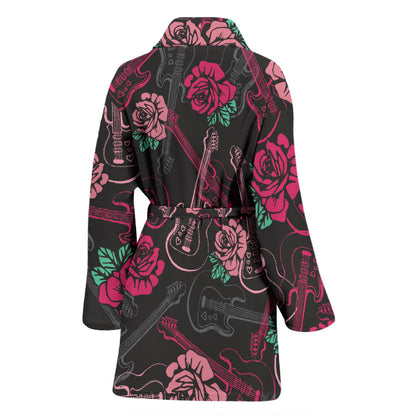Bass Guitar Pink Rose Pattern Print Design 01 Women Bathrobe