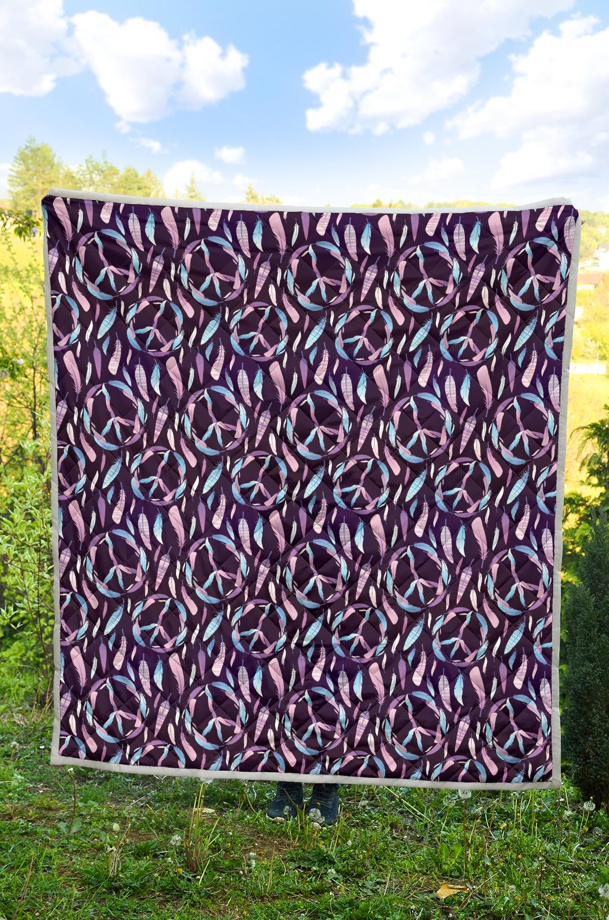 Peace Sign Feather Design Print Quilt Bedspread