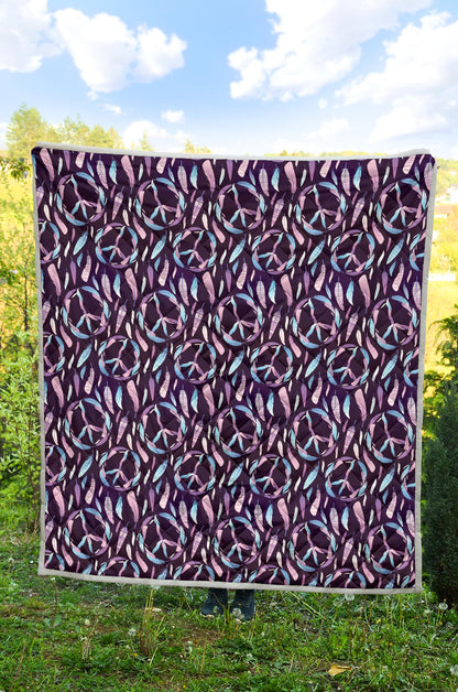 Peace Sign Feather Design Print Quilt Bedspread