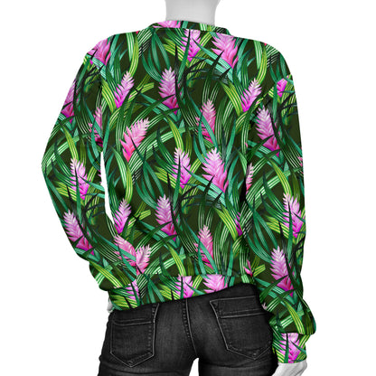 Tropical Folower Pink Heliconia Print Women Long Sleeve Sweatshirt