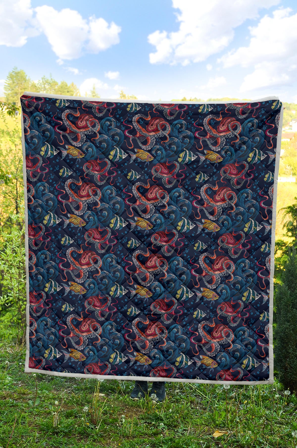 Octopus Deep Sea Print Themed Quilt Bedspread